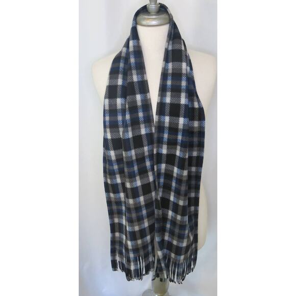 Flannel Plaid Long Scarf Fringe  68" Length Blue Black Fall Winter Warm and Soft - Picture 2 of 6